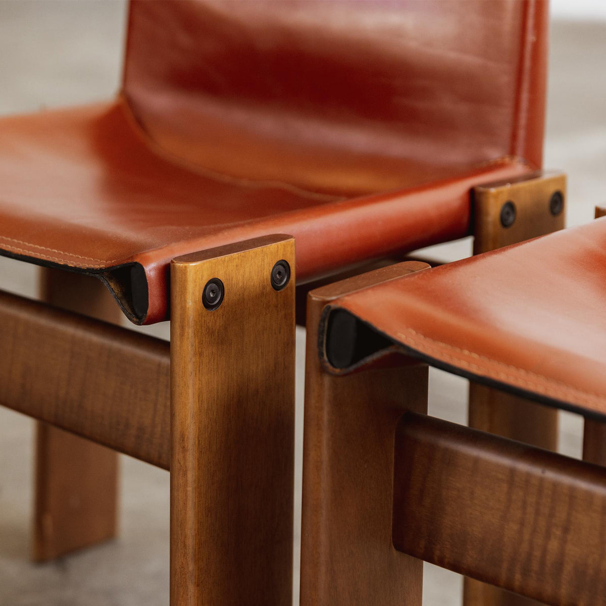 Afra & Tobia Scarpa "Monk" Dining Chairs for Molteni, Red Leather, 1974