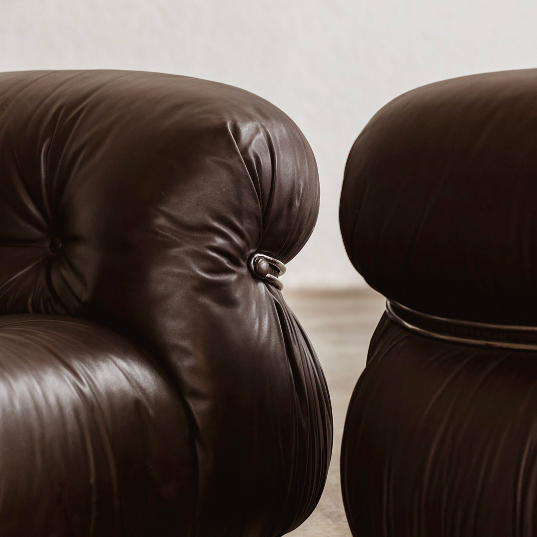 Afra & Tobia Scarpa "Soriana" Easy Chairs for Cassina, Dark Brown Leather, 1969