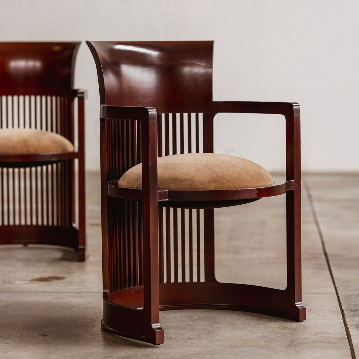 Frank Lloyd Wright "Barrel" Chairs for Cassina, Beige Velvet, 1937, Set of 4