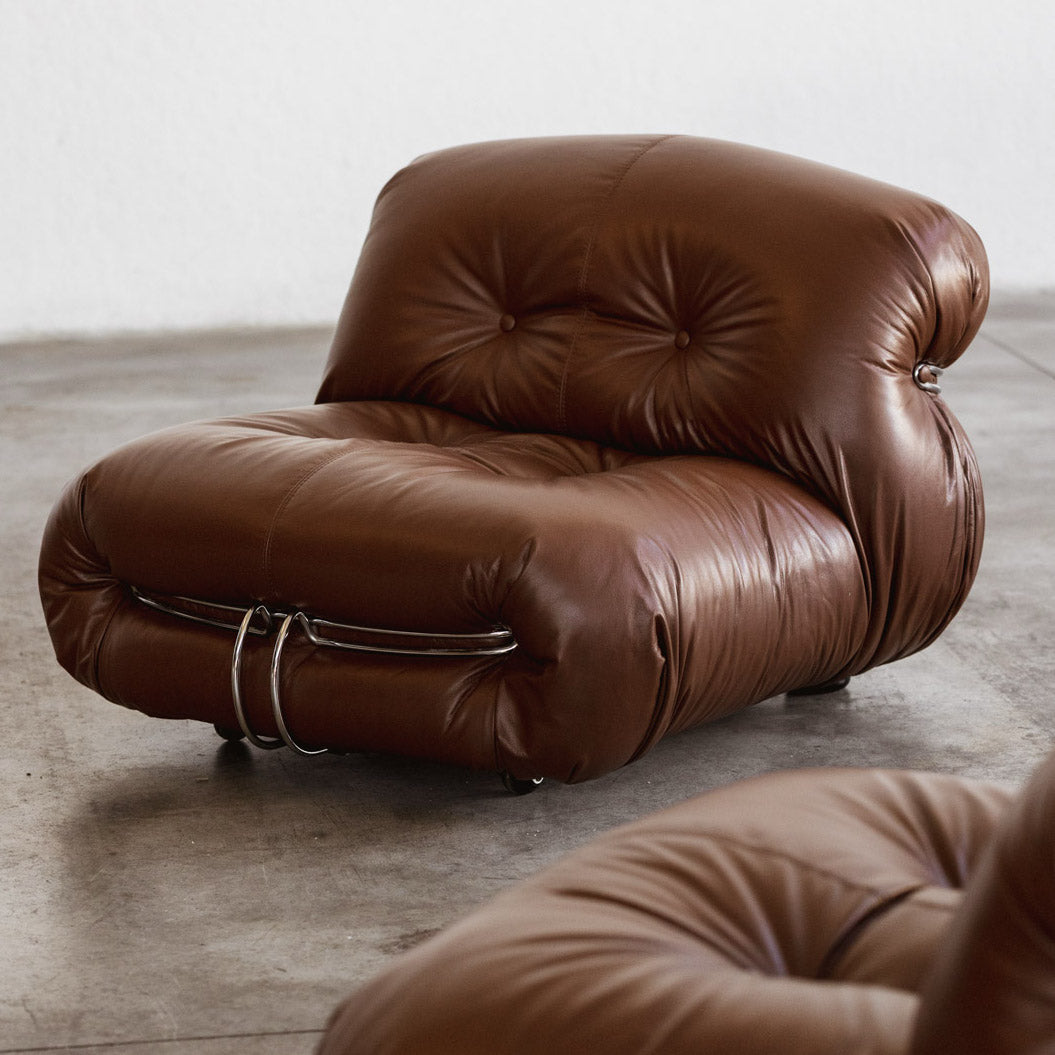 Afra & Tobia Scarpa "Soriana" Easy Chairs for Cassina, Brown Leather, 1969