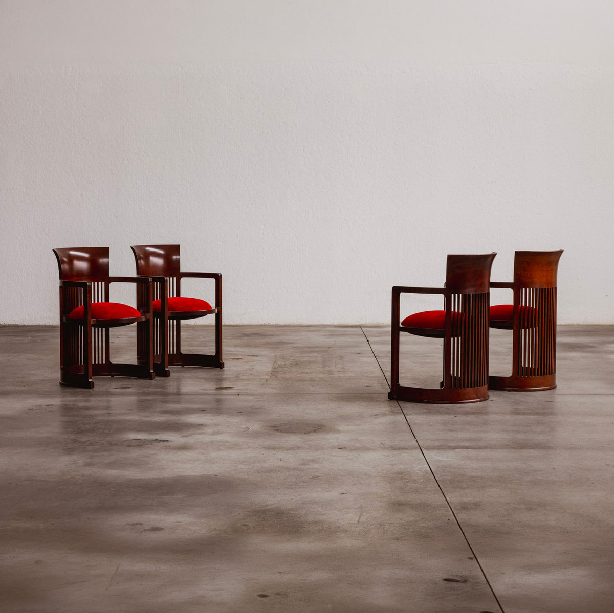 Frank Lloyd Wright "Barrel" Chairs for Cassina, Red Velvet, 1937, Set of 4
