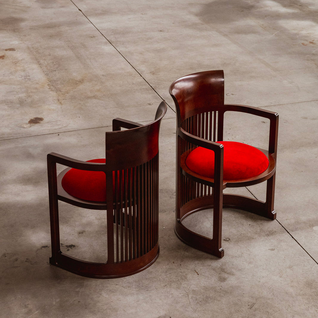 Frank Lloyd Wright "Barrel" Chairs for Cassina, Red Velvet, 1937, Set of 4