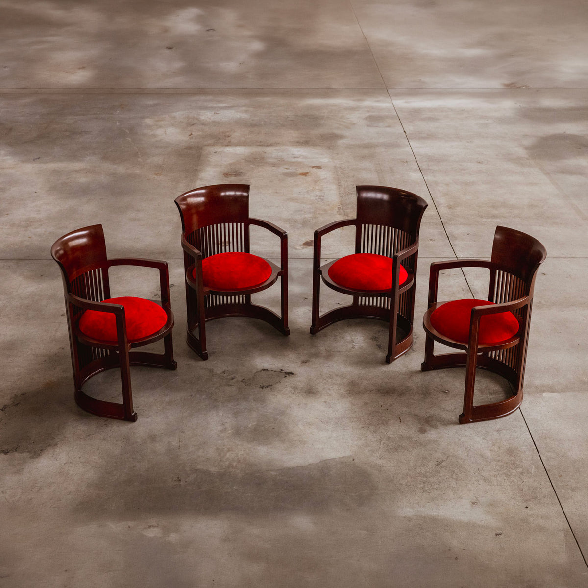 Frank Lloyd Wright "Barrel" Chairs for Cassina, Red Velvet, 1937, Set of 4