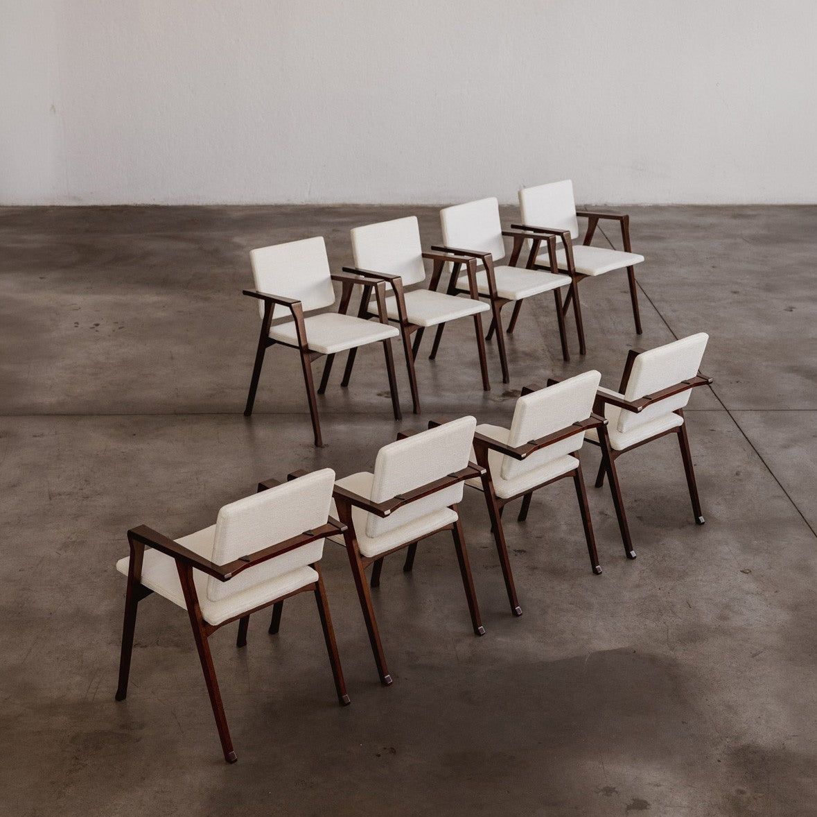 Franco Albini 832 "Luisa" Chairs for Poggi, White Chenille, 1953, Set of 8