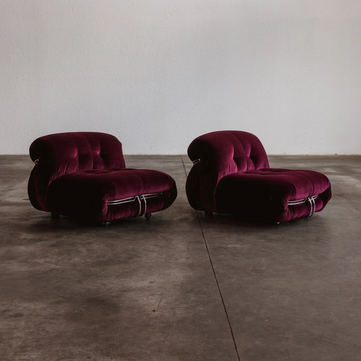 Afra & Tobia Scarpa "Soriana" Easy Chairs for Cassina, Burgundy Velvet, 1969