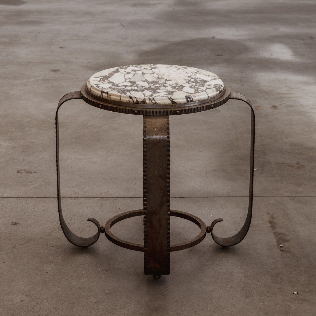 J. Van Loo Art Deco Round Side Table, Iron and Marble, 1930s
