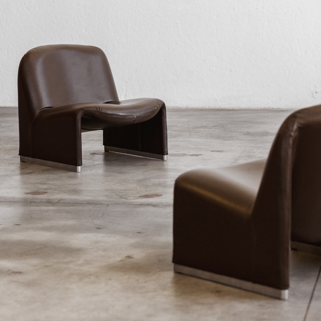 Giancarlo Piretti "Alky" Lounge Chairs for Anonima Castelli, Brown Leather, 1970, Set of 2