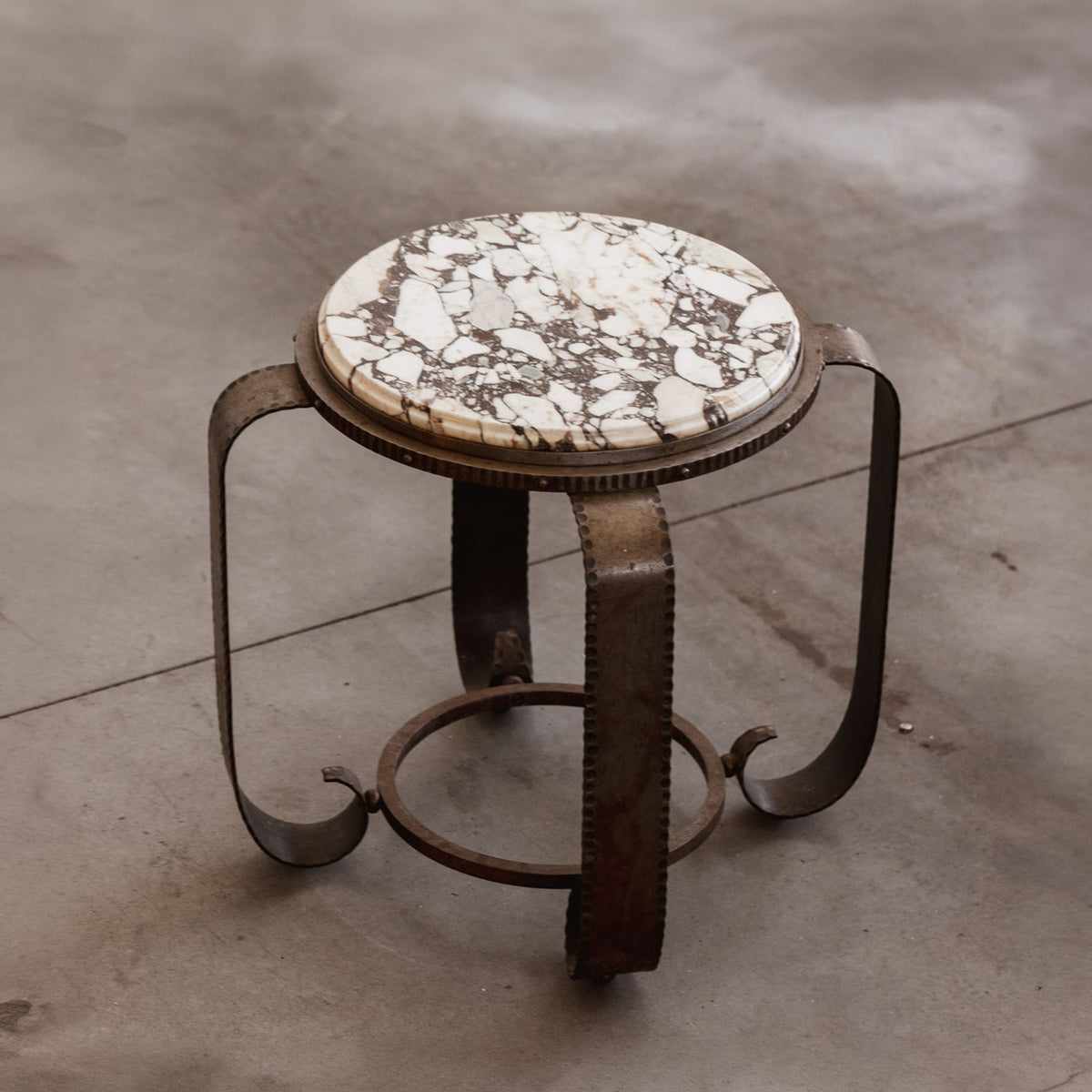 J. Van Loo Art Deco Round Side Table, Iron and Marble, 1930s