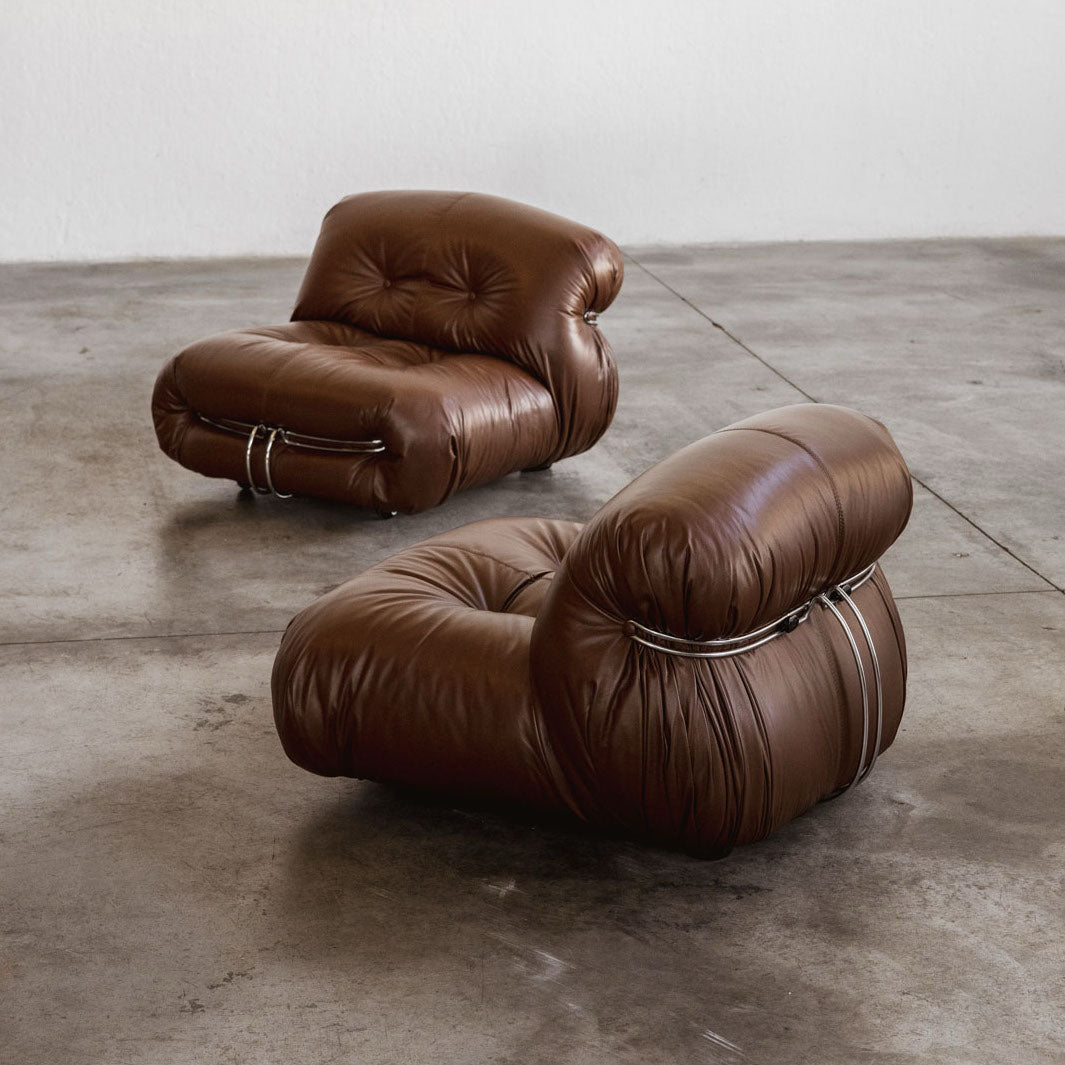 Afra & Tobia Scarpa "Soriana" Easy Chairs for Cassina, Brown Leather, 1969
