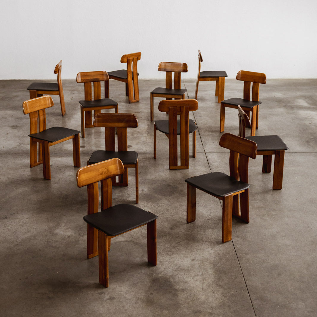 Mario Marenco "Sapporo" Dining Chairs for Mobil Girgi, Black Leather 1970, Set of 12