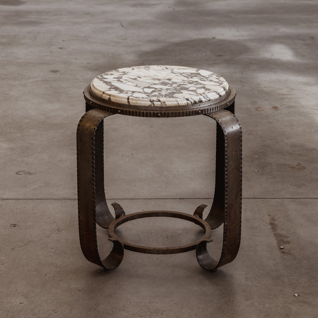 J. Van Loo Art Deco Round Side Table, Iron and Marble, 1930s