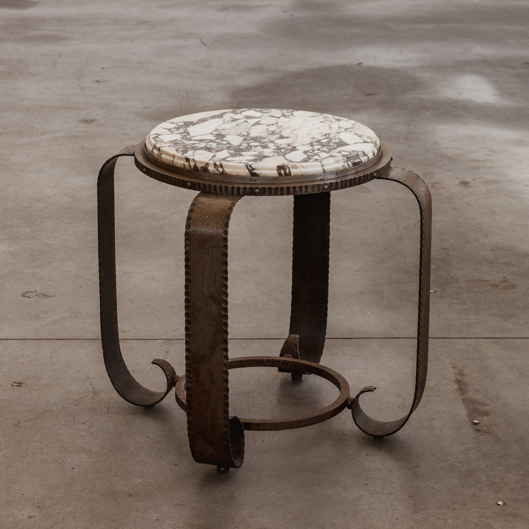 J. Van Loo Art Deco Round Side Table, Iron and Marble, 1930s