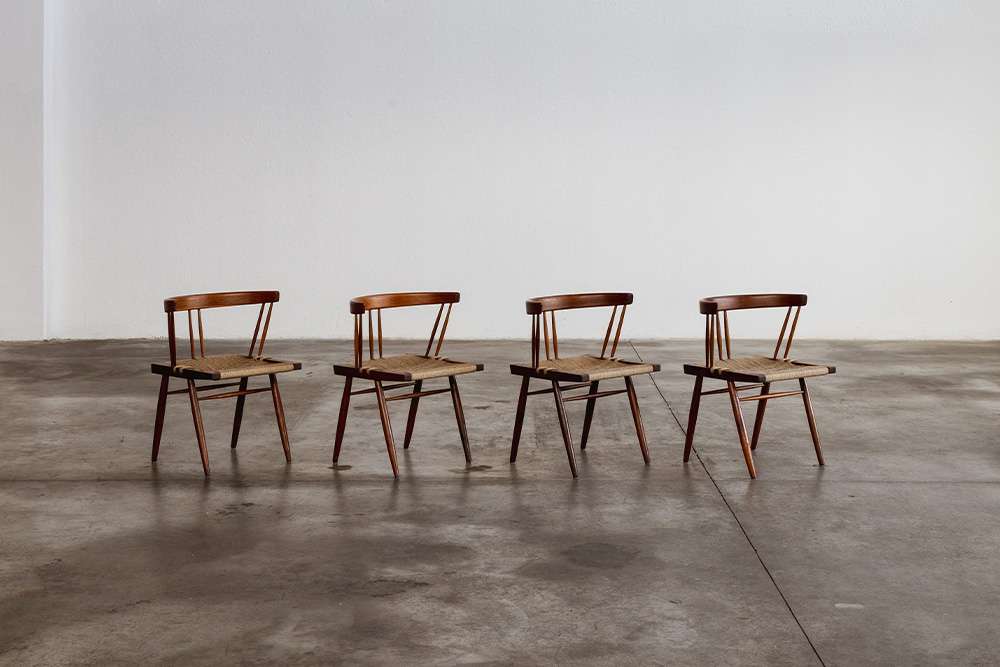 George Nakashima dining chairs, seagrass and wood, USA, 1947, set of four
