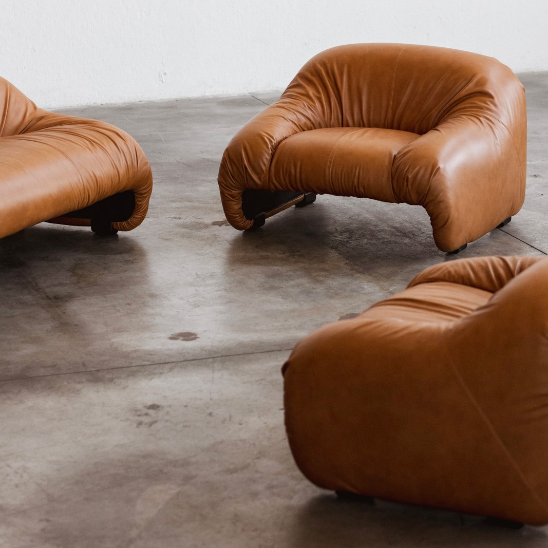 Afra & Tobia Scarpa “Bonanza” Living Room Set for C&B, Cognac Leather, 1969, 1969