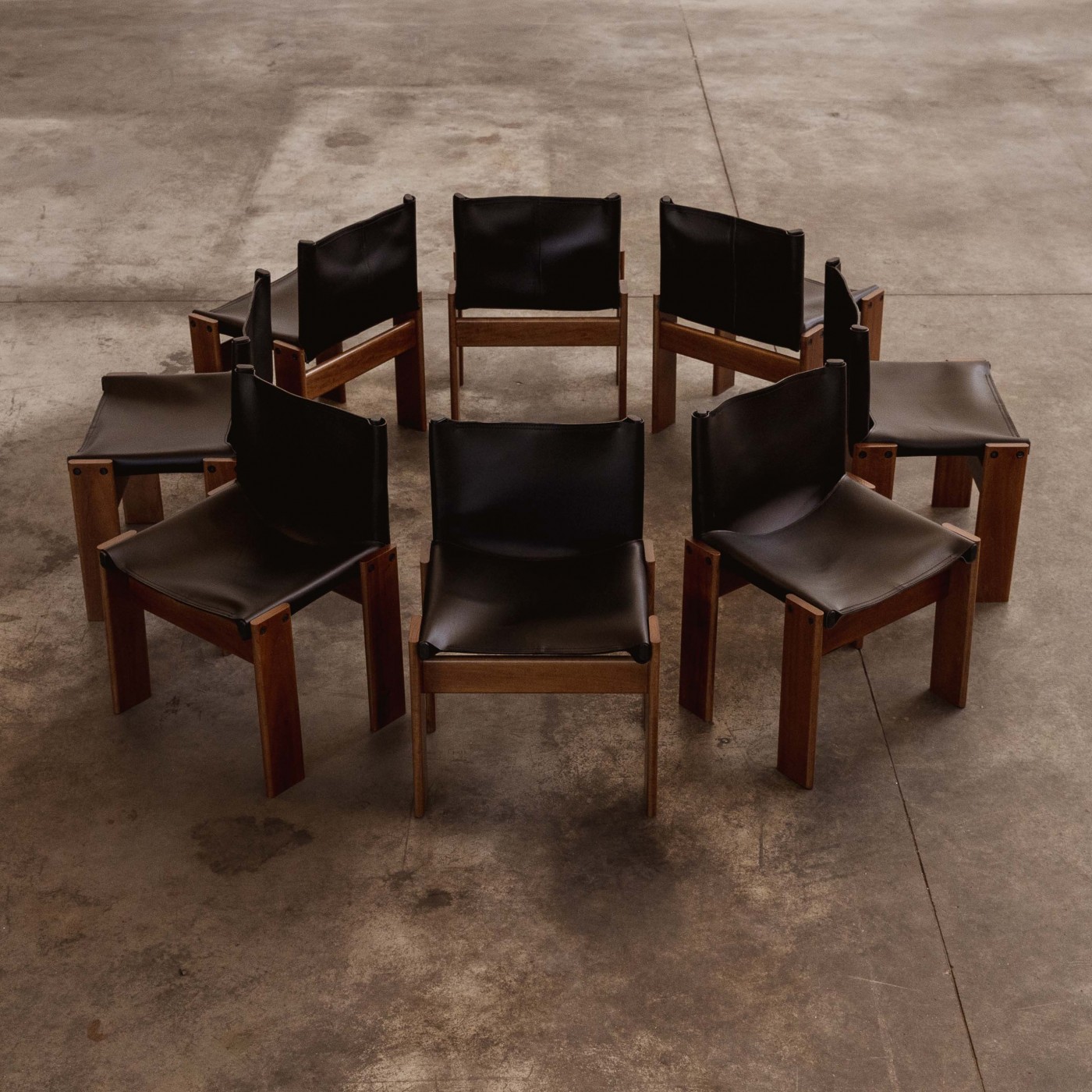 Afra & Tobia Scarpa "Monk" Chairs for Molteni, Black Leather, 1974, Set of 8, 1970s
