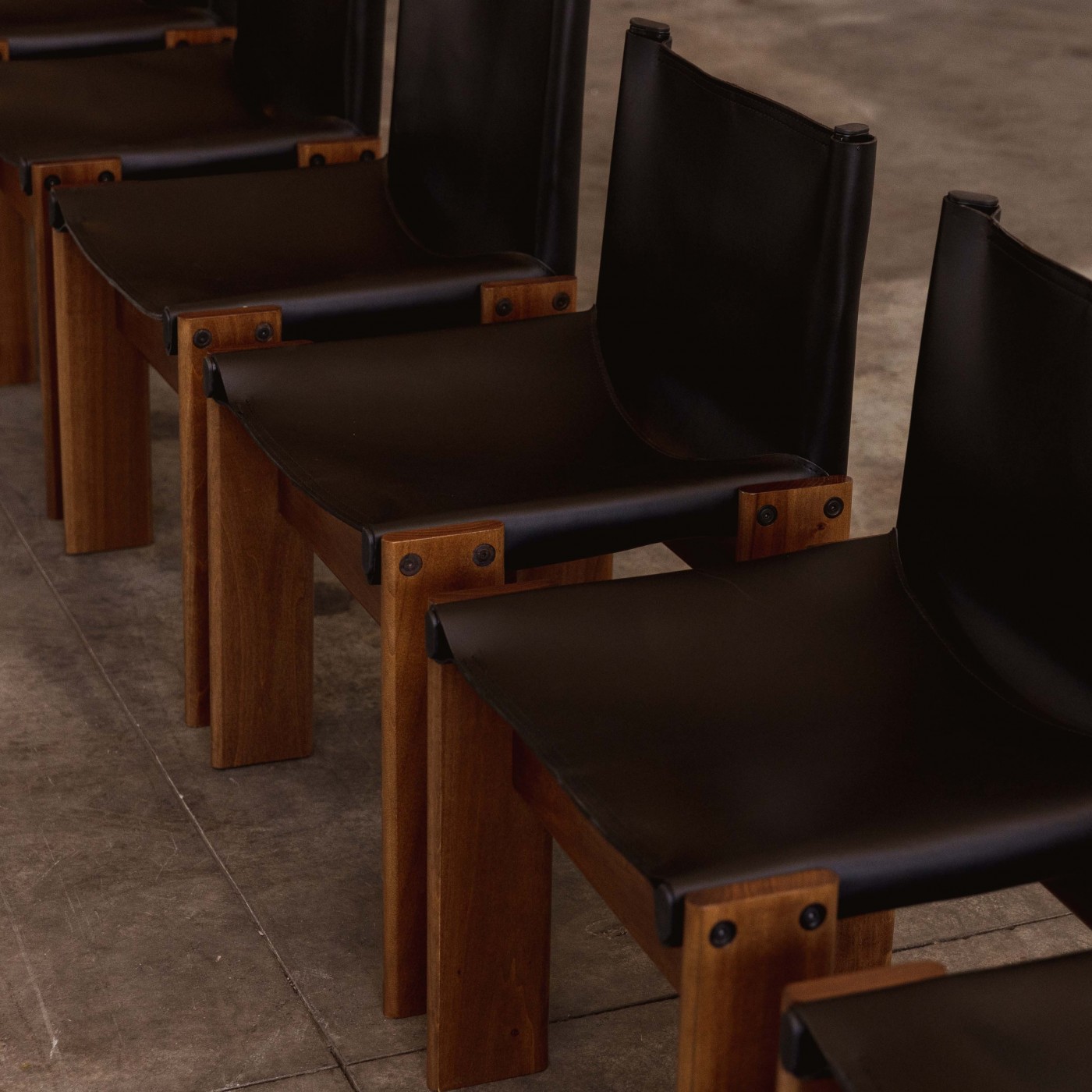 Afra & Tobia Scarpa "Monk" Chairs for Molteni, Black Leather, 1974, Set of 8, 1970s