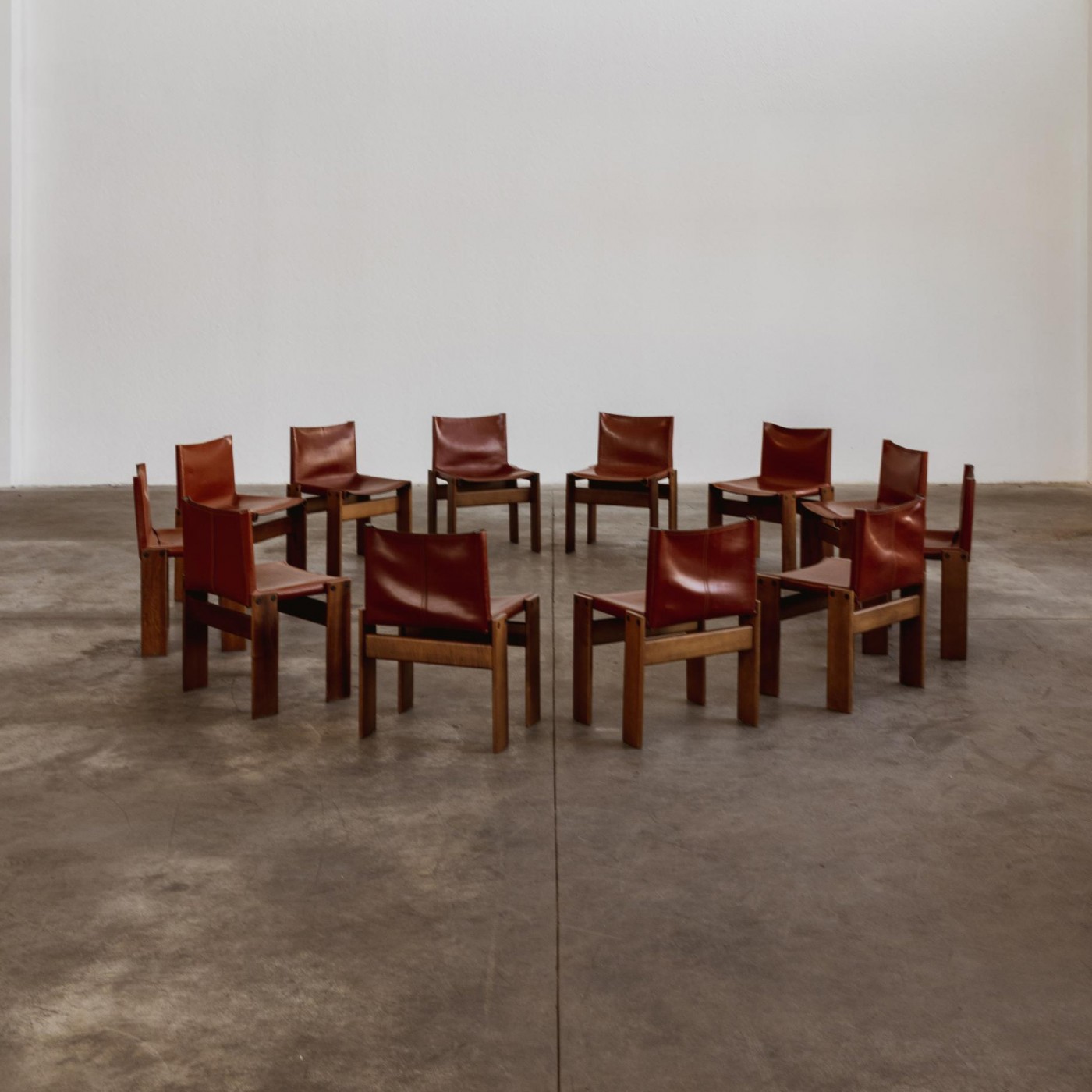 Afra & Tobia Scarpa "Monk" Dining Chairs for Molteni, Red Leather, 1974, Set of 12, 1970s