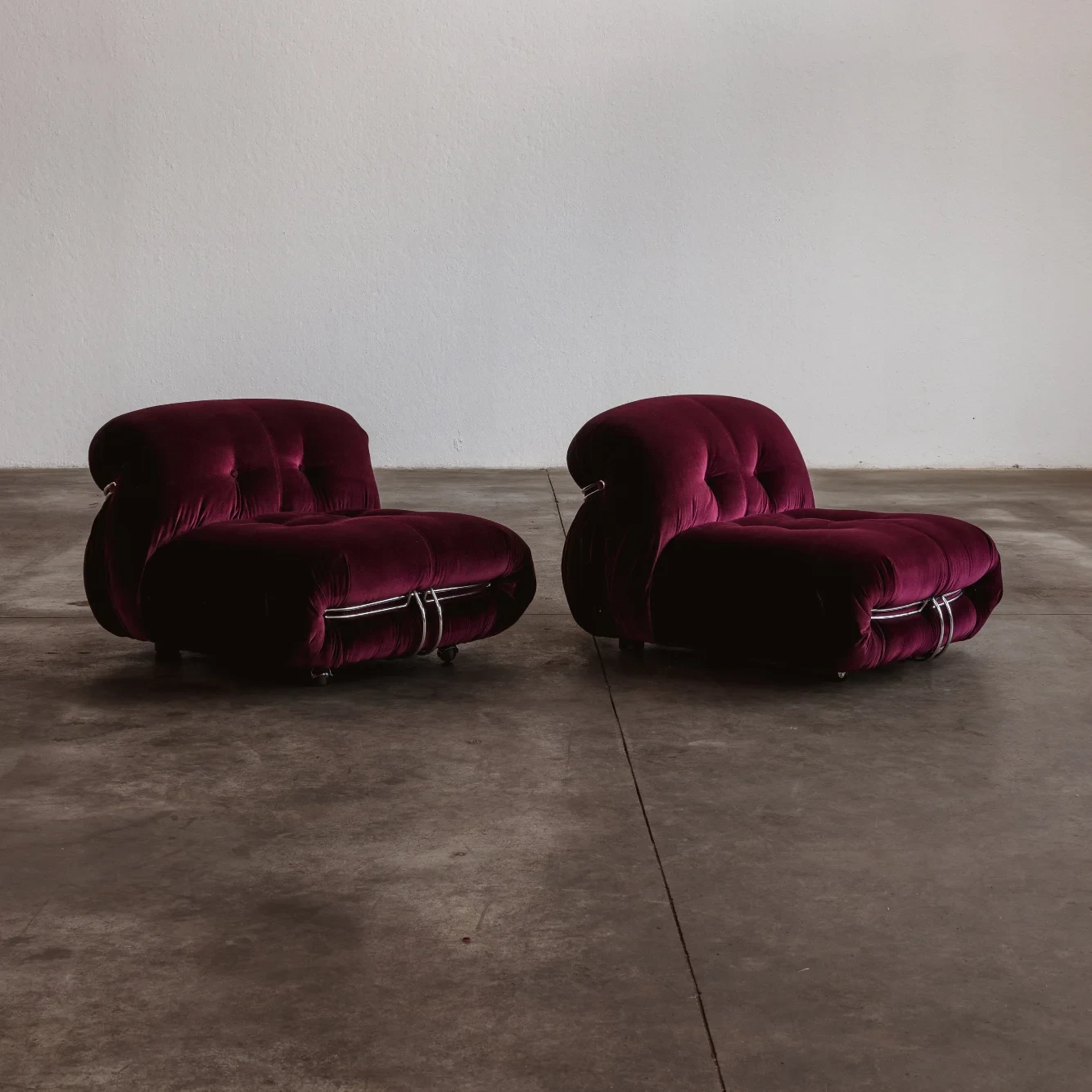 Afra & Tobia Scarpa "Soriana" easy chairs for Cassina, burgundy velvet, Italy, 1969, Set of 2, 1960s