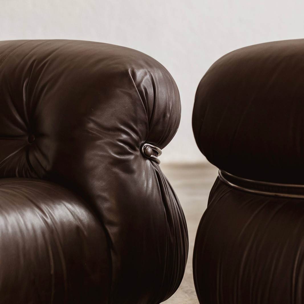 Afra & Tobia Scarpa “Soriana” Easy Chairs for Cassina, Dark Brown Leather, 1969, Set of 2, 1969