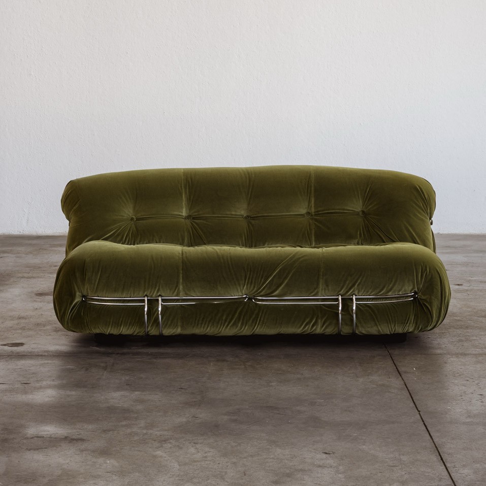 Afra & Tobia Scarpa “Soriana” Sofa for Cassina, Green Velvet, 1969, 1969