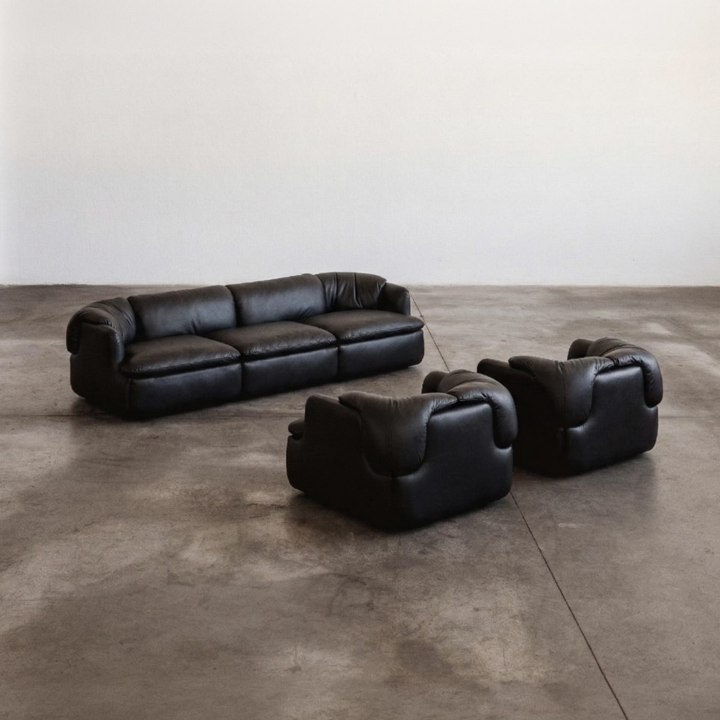Alberto Rosselli “Confidential” Living Room Set for Saporiti, Black Leather, 1972, Set of 3, 1972