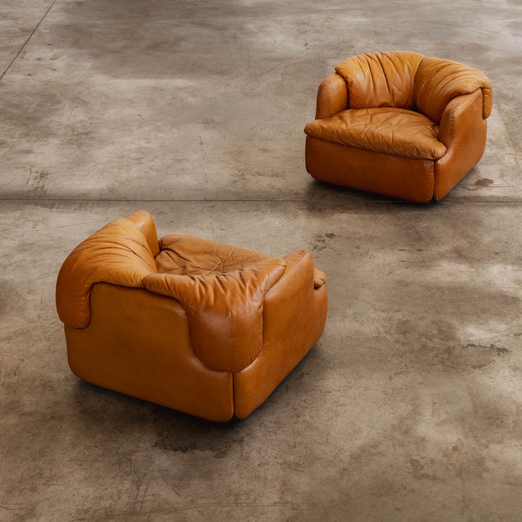 Alberto Rosselli “Confidential” Living Room Set for Saporiti, Cognac Leather, 1972, Set of 3, 1972