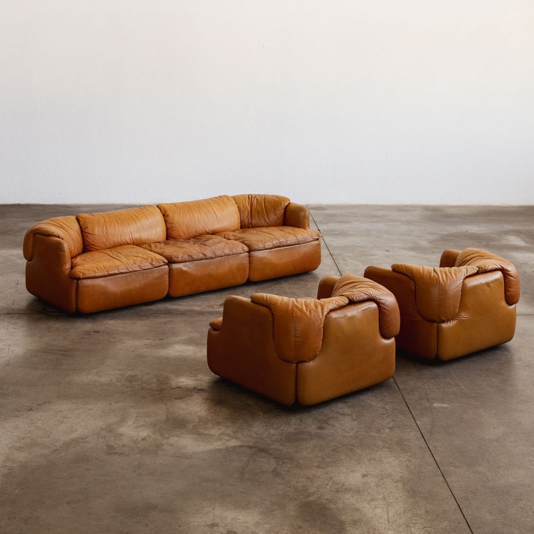 Alberto Rosselli “Confidential” Living Room Set for Saporiti, Cognac Leather, 1972, Set of 3, 1972