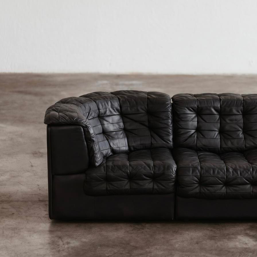 De Sede "DS-11" Modular Sofa, Black Leather, 1970, Set of 6, 1970