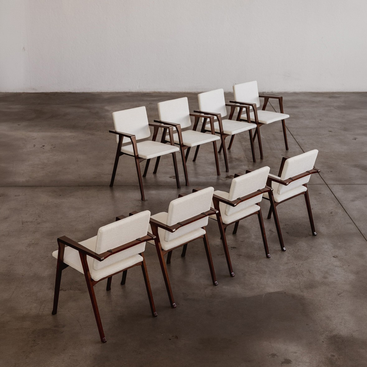 Franco Albini 832 “Luisa” Chairs for Poggi, White Chenille, 1953, Set of 8, 1953