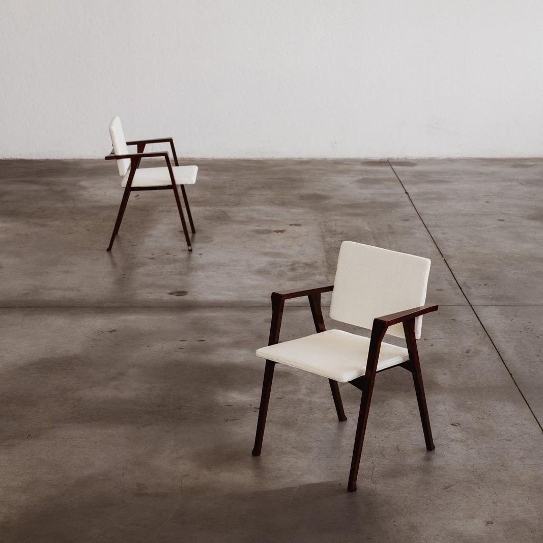Franco Albini 832 “Luisa” Chairs for Poggi, White Chenille, 1953, Set of 8, 1953