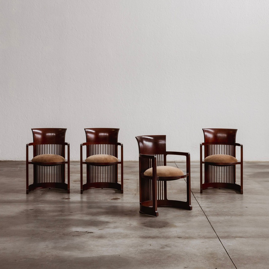 Frank Lloyd Wright "Barrel" Chairs for Cassina, Beige Velvet, 1937, Set of 4, 1937