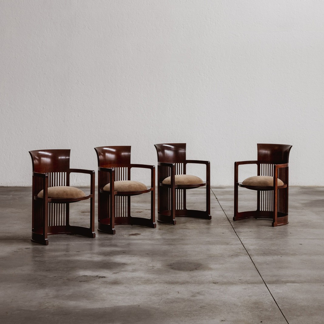 Frank Lloyd Wright "Barrel" Chairs for Cassina, Beige Velvet, 1937, Set of 4, 1937
