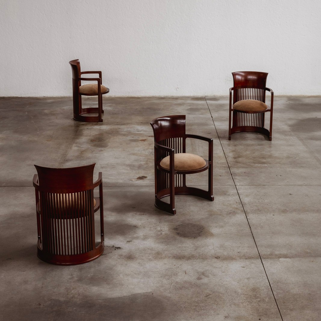 Frank Lloyd Wright "Barrel" Chairs for Cassina, Beige Velvet, 1937, Set of 4, 1937