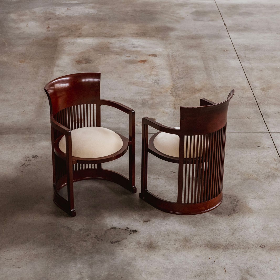 Frank Lloyd Wright "Barrel" Chairs for Cassina, Ivory Velvet, 1937, Set of 4, 1937