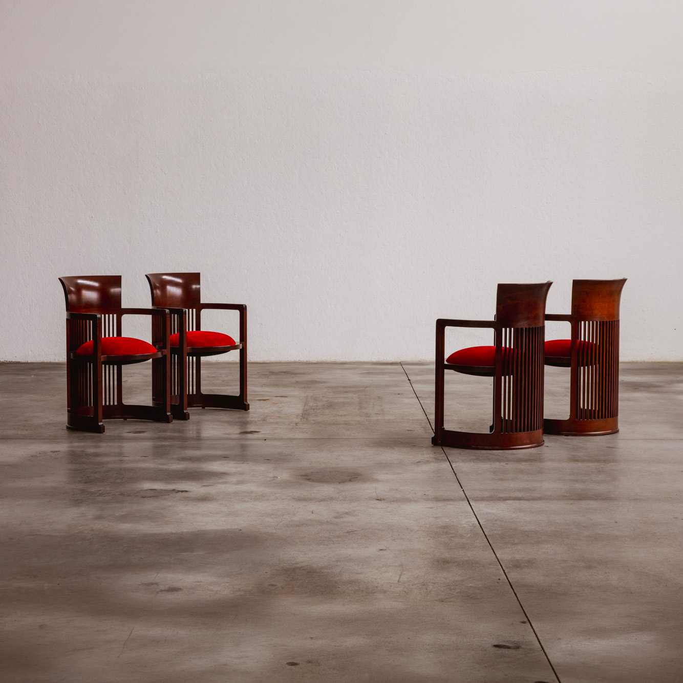 Frank Lloyd Wright "Barrel" Chairs for Cassina, Red Velvet, 1937, Set of 4, 1937
