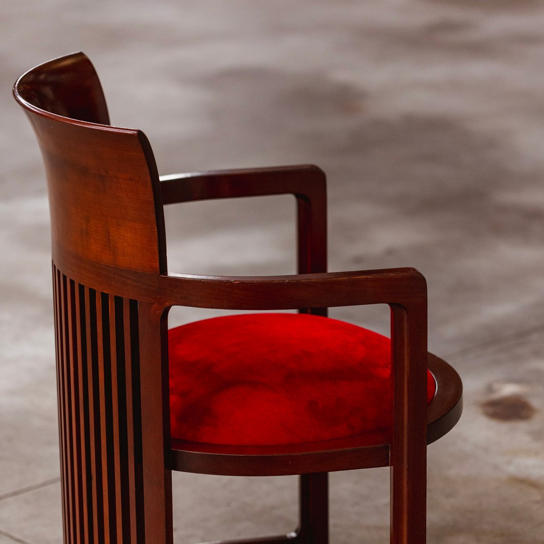 Frank Lloyd Wright "Barrel" Chairs for Cassina, Red Velvet, 1937, Set of 4, 1937