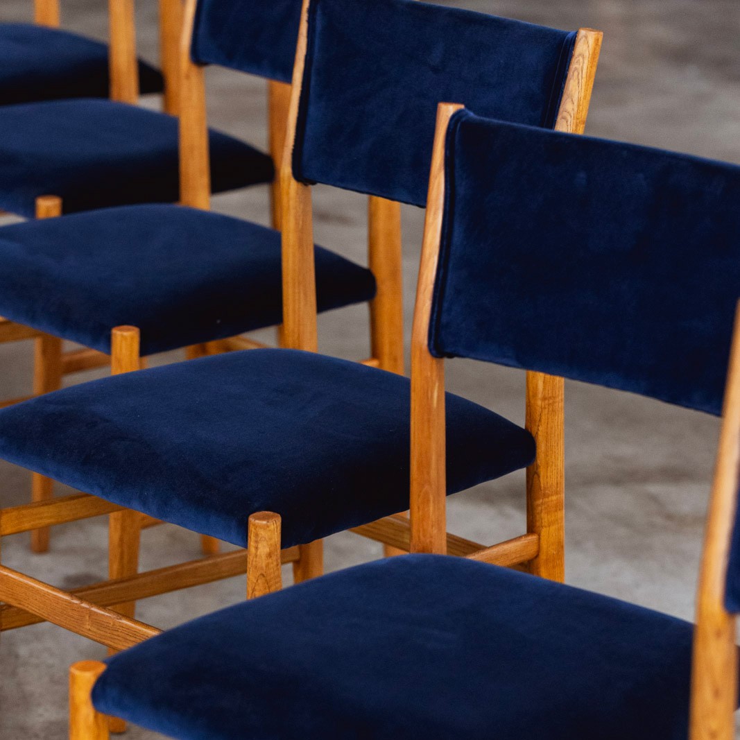 Gio Ponti 646 "Leggera" Dining Chairs for Cassina, Blue Velvet, 1952, Set of 8, 1952