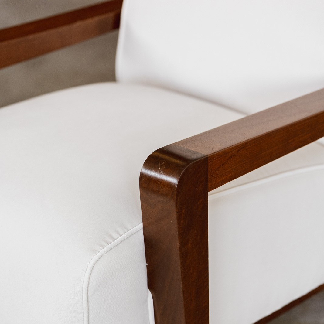 Italian Art Deco Armchair, White Velvet and Walnut, 1930s, 1930s