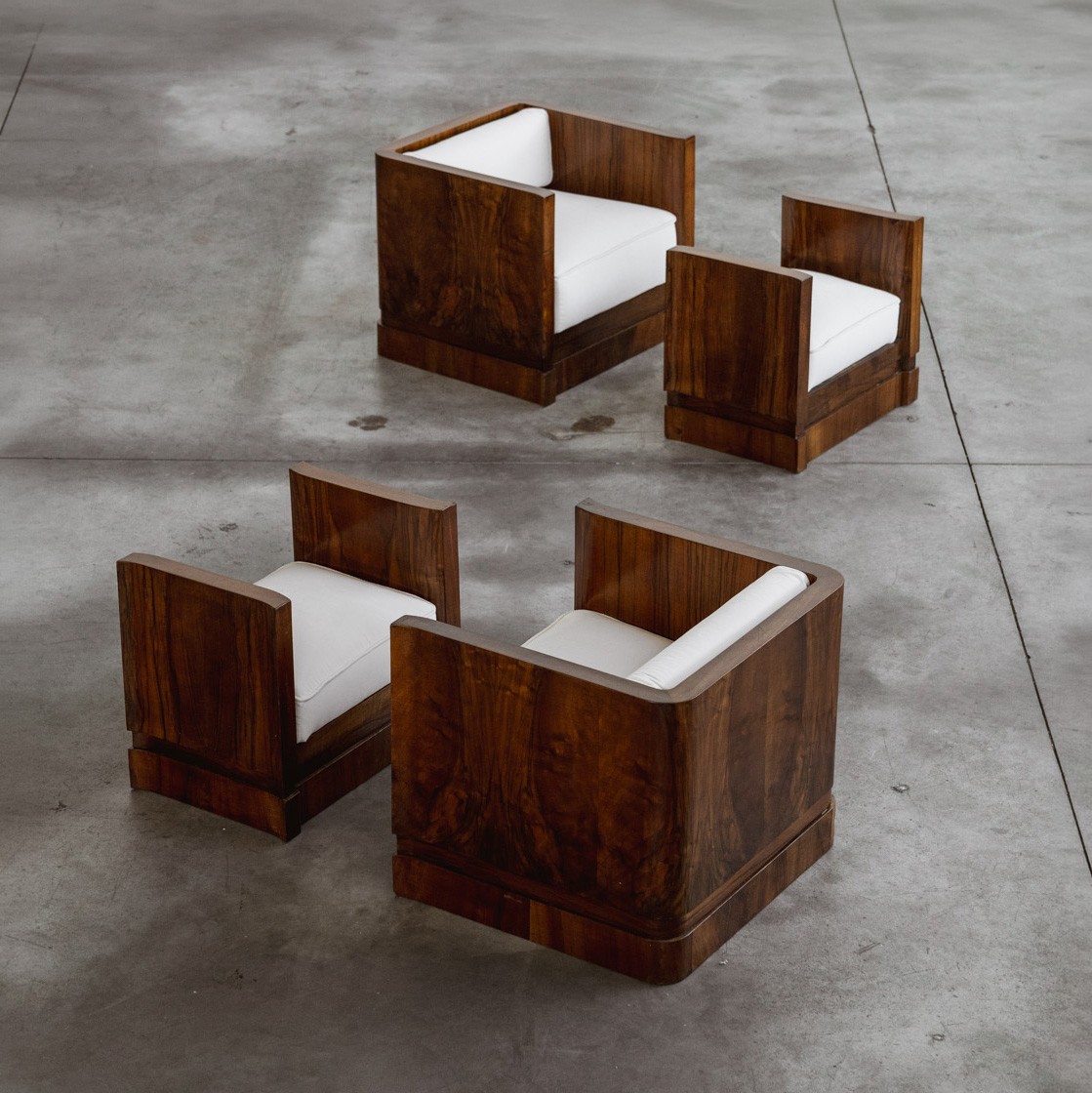 Italian Art Deco Lounge Set, White Velvet and Walnut, 1930s, Set of 4, 1930s