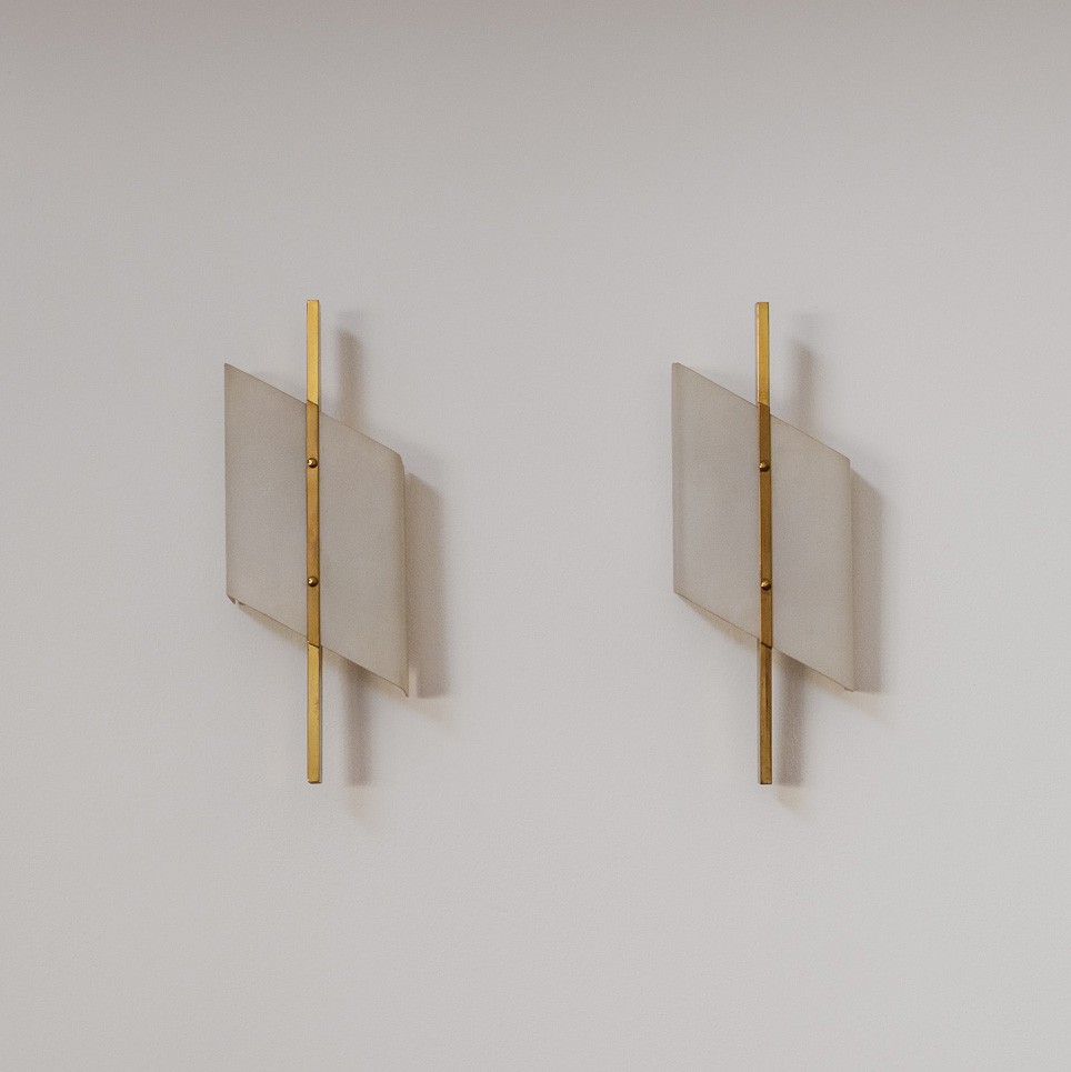 Italian Modernist Wall Lights in Brass and Opaline Glass, 1950s, 1950s