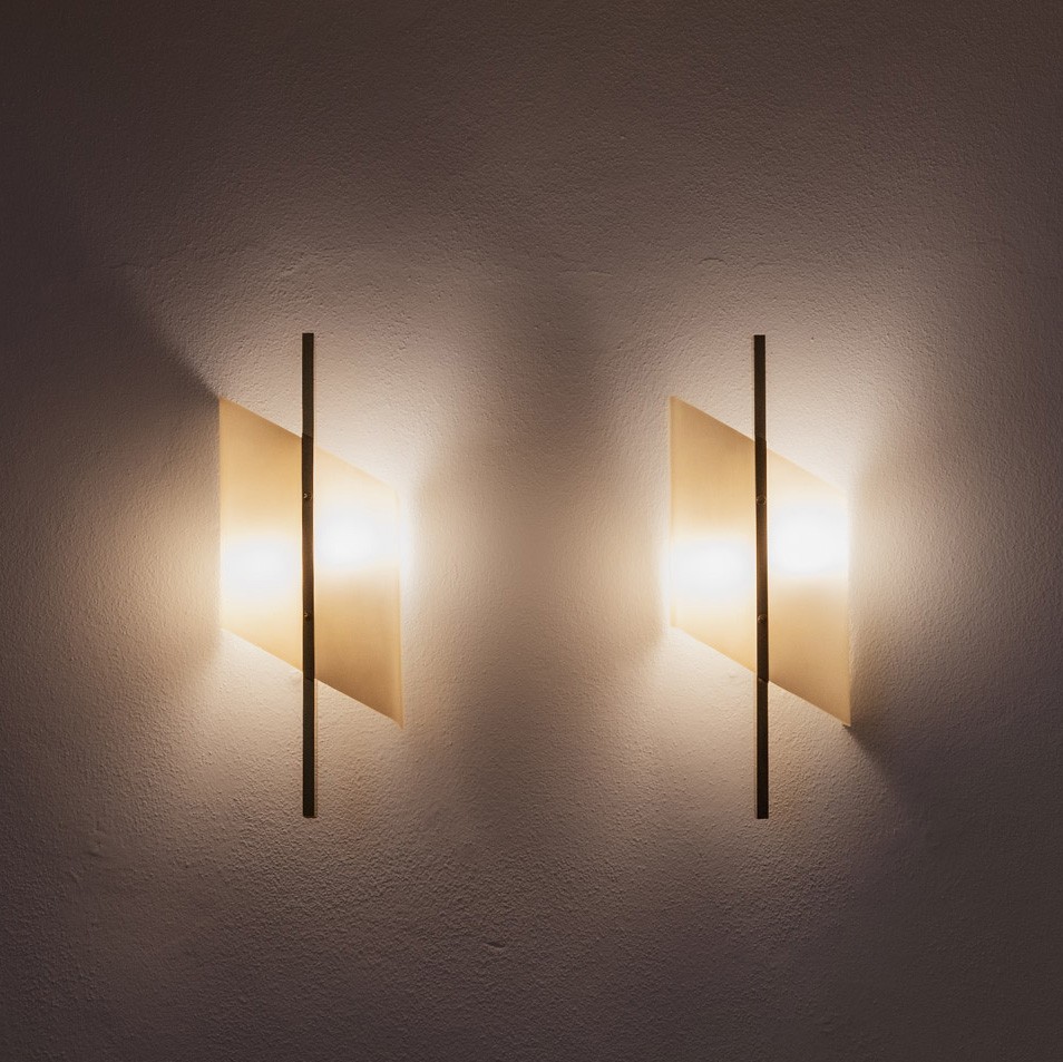 Italian Modernist Wall Lights in Brass and Opaline Glass, 1950s, 1950s