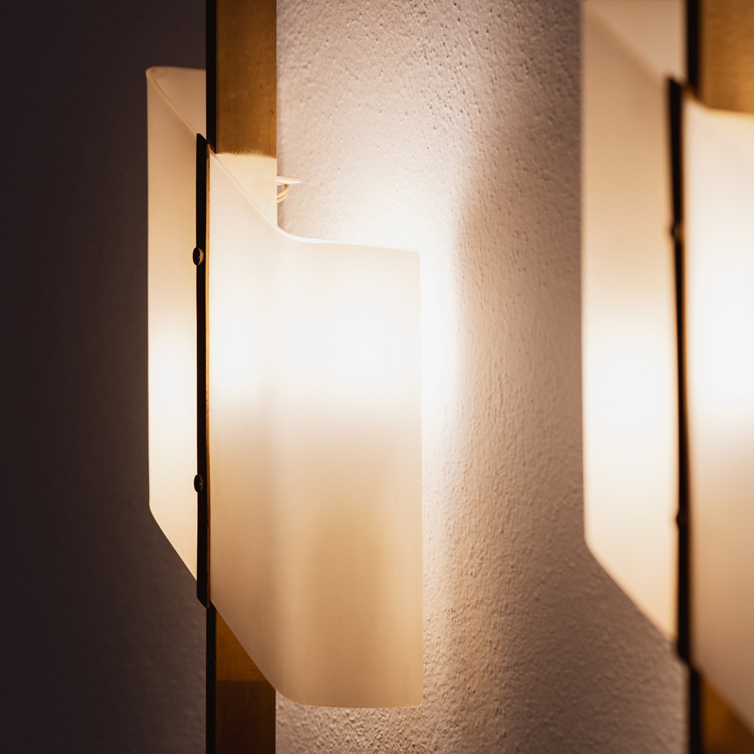 Italian Modernist Wall Lights in Brass and Opaline Glass, 1950s, 1950s