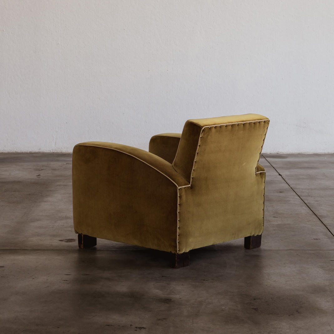 Jacques Adnet Club Armchairs, Musk Green Velvet, 1930s, Set of 2, 1930s