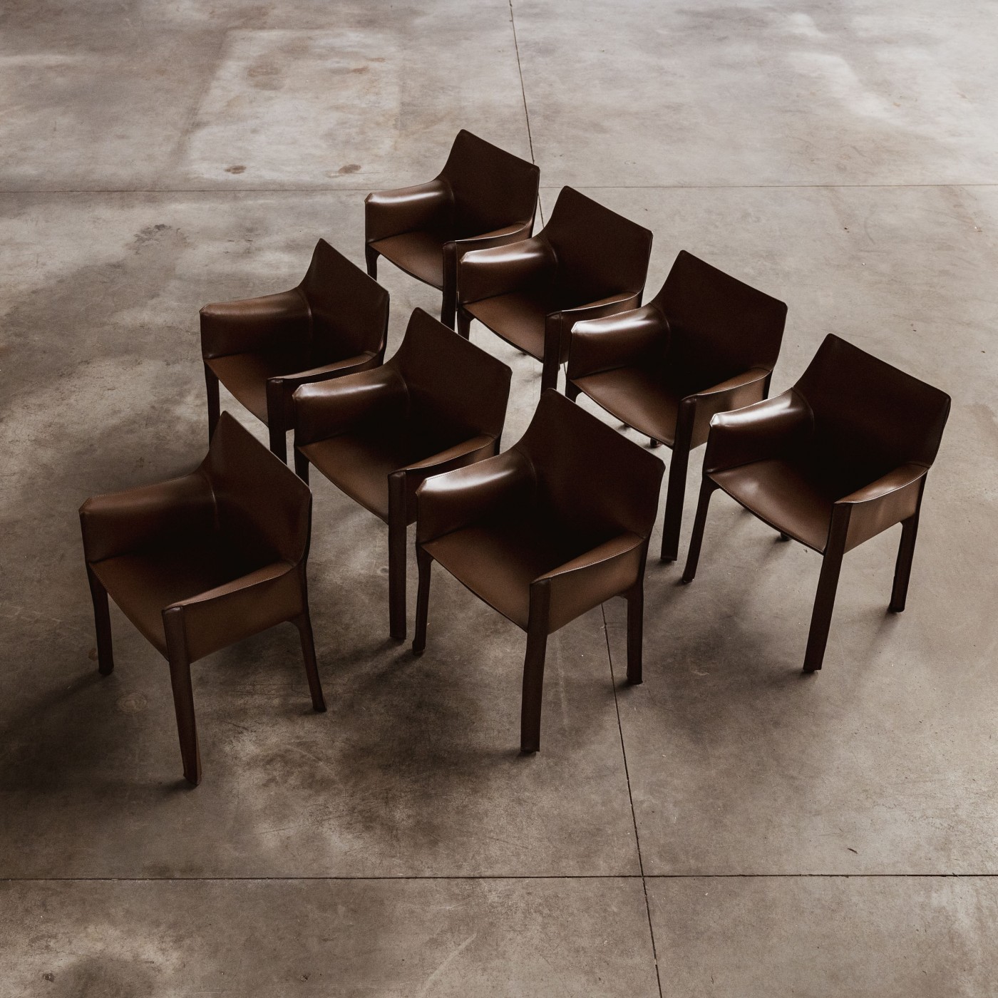 Mario Bellini "CAB 413" Dining Chairs for Cassina, Tobacco Leather, 1977, Set of 8, 1970s