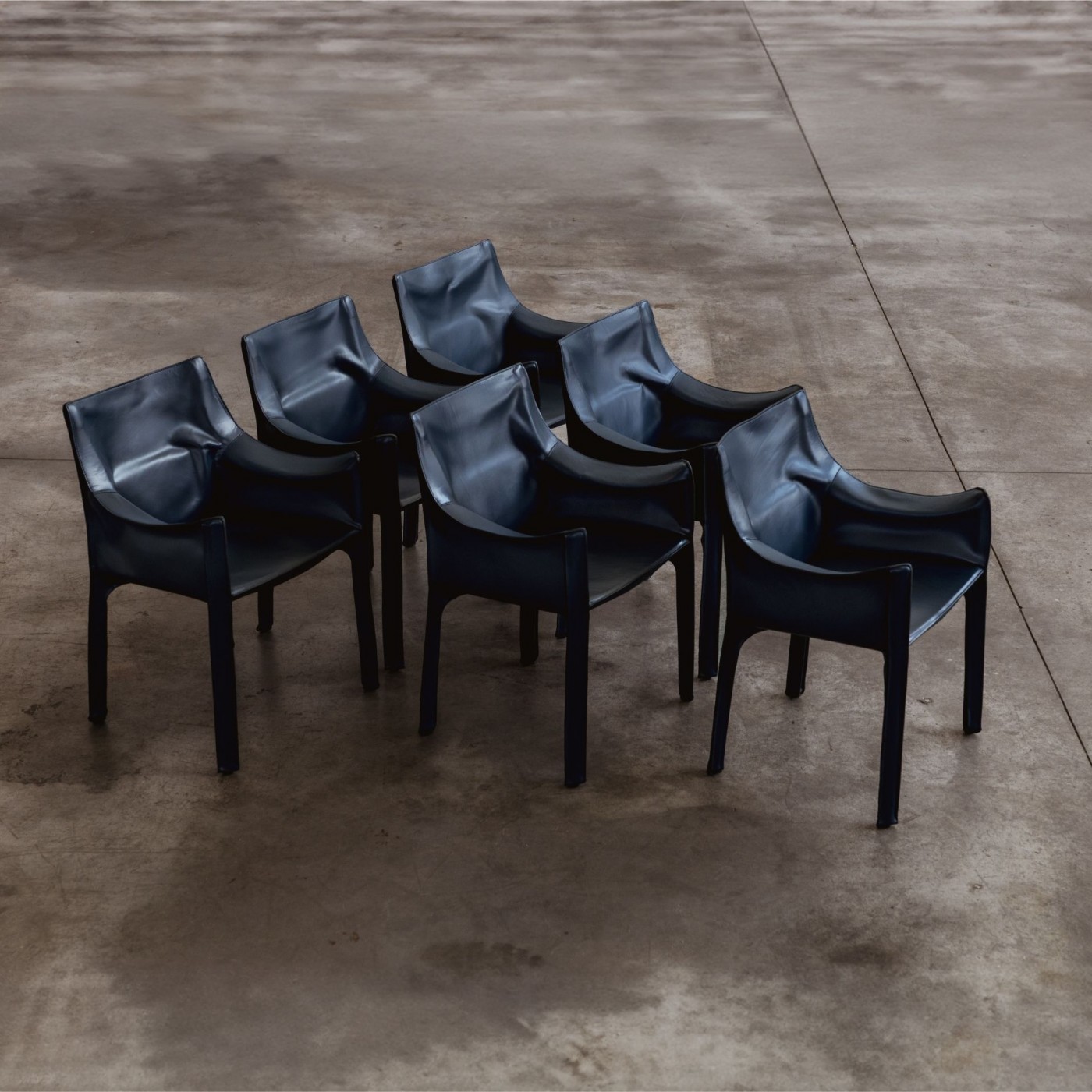 Mario Bellini “CAB 413” Chairs for Cassina, Blue Leather, 1977, Set of 6, 1977