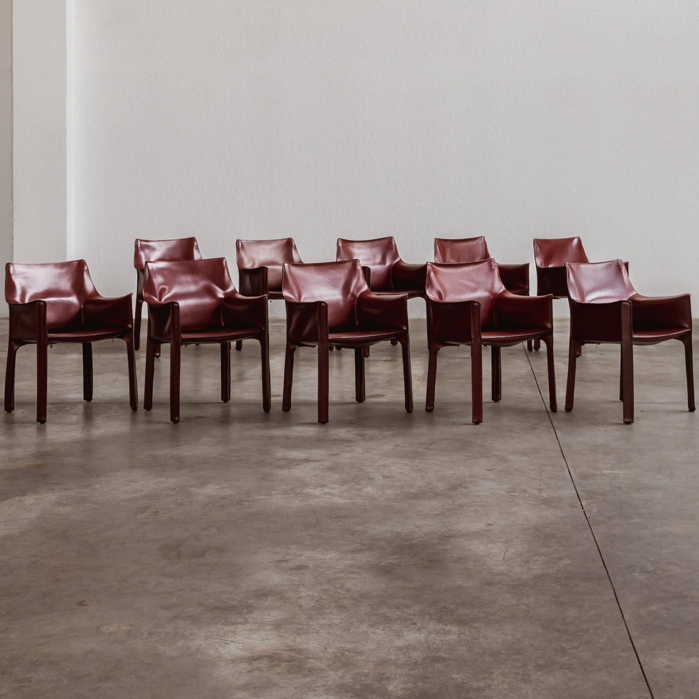 Mario Bellini "CAB 413" Dining Chairs for Cassina, Bordeaux Leather, 1977, Set of 10, 1970s