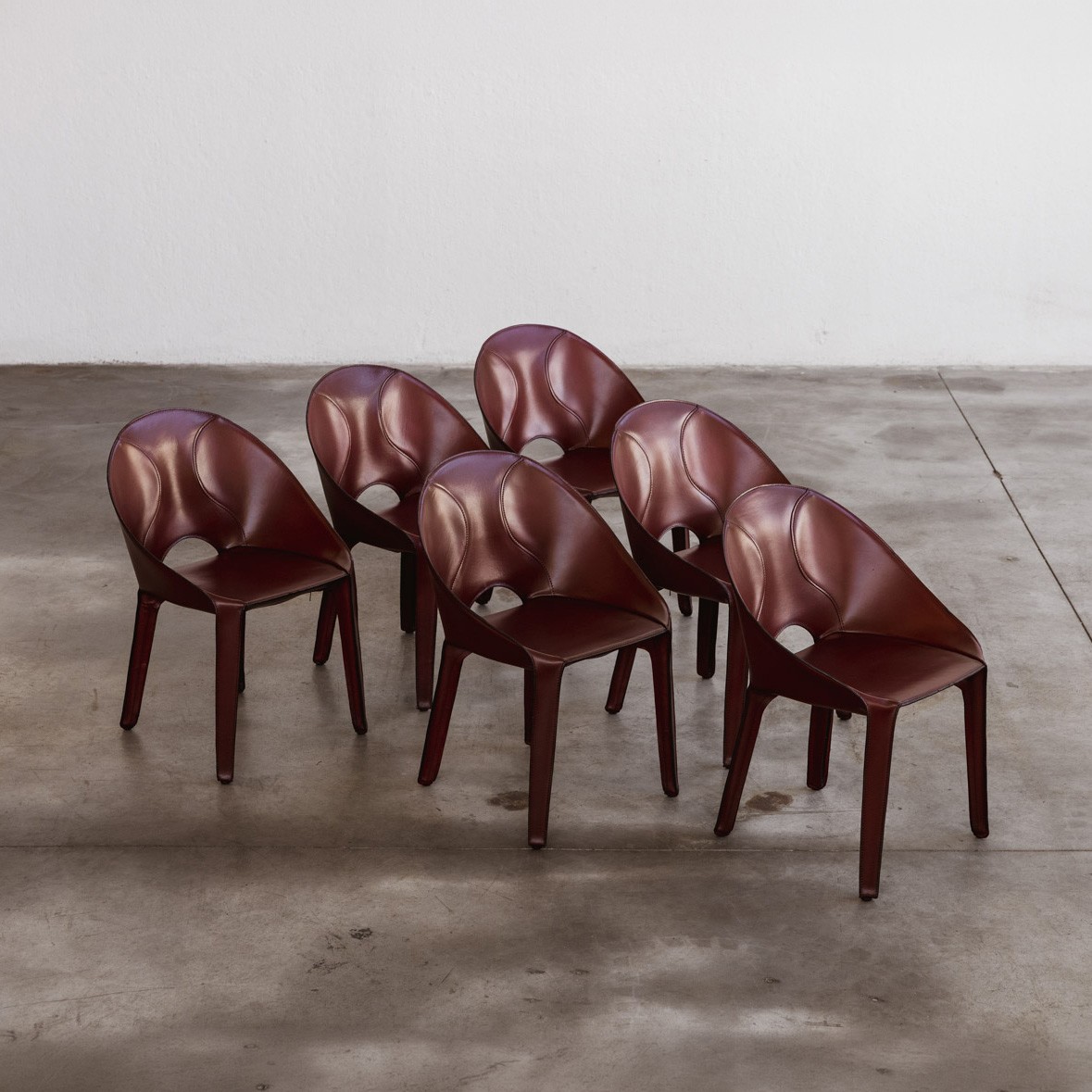 Mario Bellini “Lira & Liuto” Chairs for Cassina, Bordeaux Leather, 1989, Set of 6, 1989