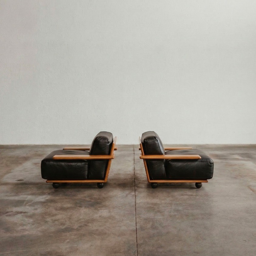 Mario Bellini "Pianura" Armchairs for Cassina, black leather, 1971, set of 2, 1970s