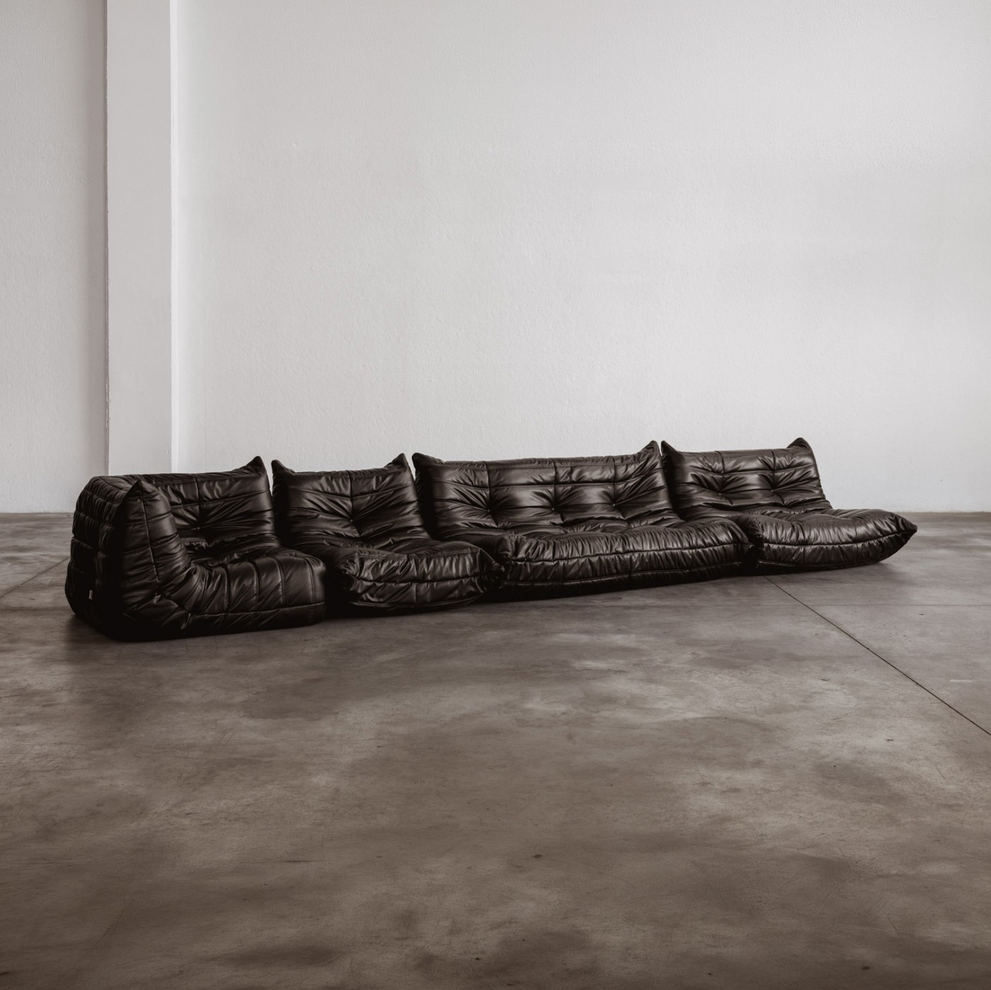 Michel Ducaroy “Togo” Modular Sofa for Ligne Roset, Black Leather, 1973, Set of 4, 1973