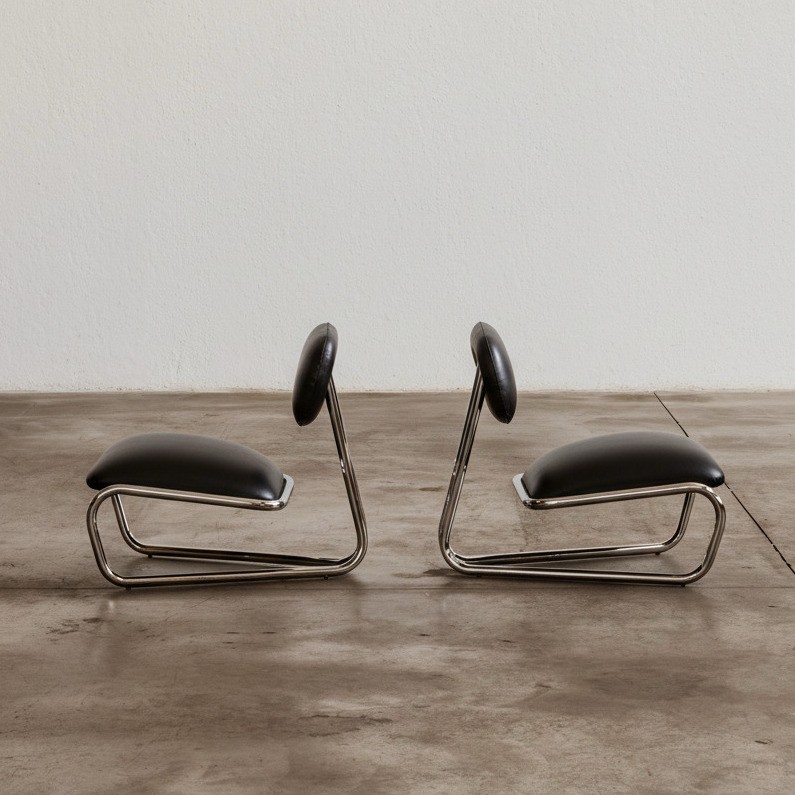 Modernist Lounge Chairs, Black Leather, 1970s, Set of 2, 1970